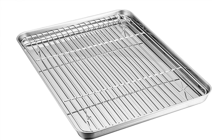 TeamFar Baking Sheet with Cooling Rack Set, 16 x 12 x 1 inch | Stainless Steel Quarter Sheet Pan Tray Cookie Sheet with Baking Rack, Non Toxic & Healthy, Mirror Finish & Dishwasher Safe