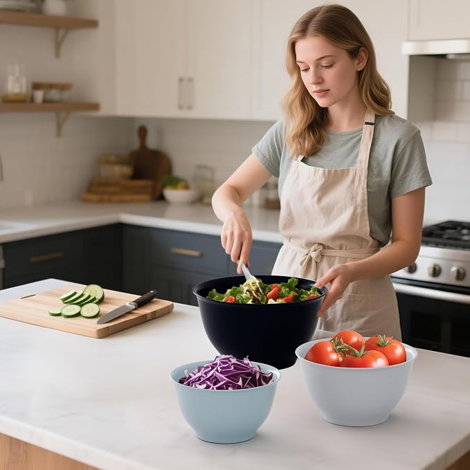TP Melamine Mixing Bowl Set with Lids, Salad Bowl Set of 3, Blue&White | Nesting Design,Break-resistant,Pasta & Salad Prep, Baking Prep, Space-saving Storage, Freezer Safe, Dishwasher Safe
