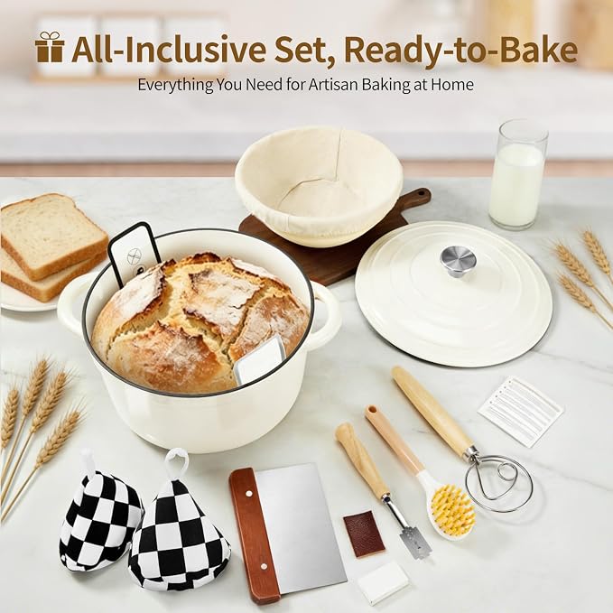Enameled Cast Iron Dutch Oven pot 6.5 QT with Lid for Bread Baking | Cookware incl. Sourdough Bread-Baking Supplies like Banneton, Dough Whisk, Gloves, Oven Safe for Stews, Roasting, Cream White
