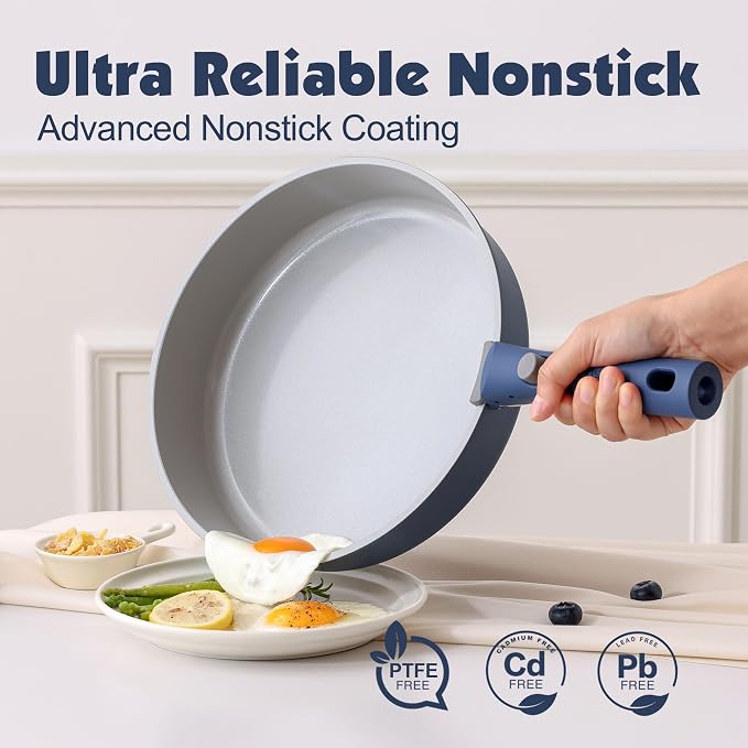 SENSARTE 17 Piece Ceramic Detachable Handle Pots and Pans Set Navy | Ceramic Cookware Set, Induction Cookware Set with Removable Handle, Healthy Non Stick for RV, Dishwasher ＆ Oven Safe