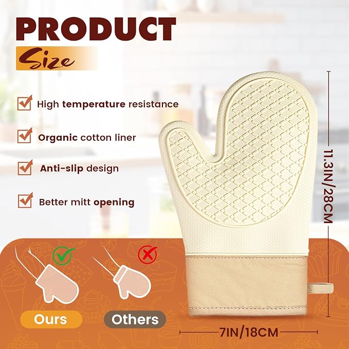 Silicone Oven Mitts (2 PCS), Waterproof Non Slip Grip Oven Gloves with Thick Soft Cotton Lining, Universal Fit Heat Resistant Kitchen Gloves for Baking, BBQ, Cooking and Grilling - White