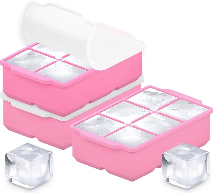 KitchFort® Large Silicone Ice Cube Tray (3-Pack) - 2" Big Ice Mold with Lid | Easy Release, Cocktail, Whiskey Ice Cubes Mold - Food Grade - Ice Cube Trays for Freezer - Stackable Silicone Ice Tray