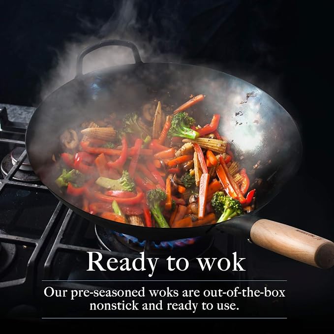 Pre Seasoned Blue Carbon Steel Flat Bottom Wok -14 Inch Chinese Pow Wok - Traditionally Hand Hammered Woks and Stir Fry Pans