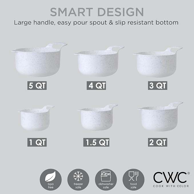 COOK WITH COLOR Nesting Plastic Mixing Bowl Set with Pour Spouts and Handles, Speckled White, 6 Piece Non-Slip