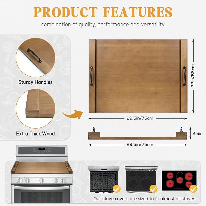 GASHELL Noodle Board Stove Cover with Handles, Multiple Stove Top Cover Board for Electric/Gas Stove Top(Retro Brown)