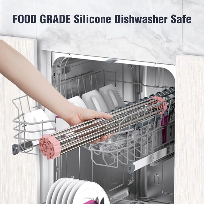 Tomorotec Roll Up Dish Drying Rack Over Sink, 304 Steel, 17.7x12.5, Pink | Anti-Slip Silicone Rims For Grip, Heat-Resistant Trivet Mat Holding Heavy Cookware, Rustproof Kitchen Counter Space Saver