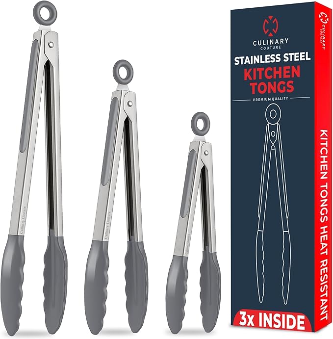 Kitchen Tongs - 12, 9 & 7 Inch Locking Silicone Tongs for Cooking, Set of 3 | Grey Tongs with Silicone Tips, Heat Resistant Tongs for Grilling, Serving, Mixing