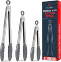 Kitchen Tongs - 12, 9 & 7 Inch Locking Silicone Tongs for Cooking, Set of 3 | Grey Tongs with Silicone Tips, Heat Resistant Tongs for Grilling, Serving, Mixing