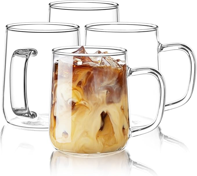 Glass Coffee Mugs, 14 oz Glass Coffee Cups Set of 4, Clear Borosilicate Glass Mugs with Handles for Cappuccino, Tea, Latte, Hot/Cold Beverages, Wine, Americano