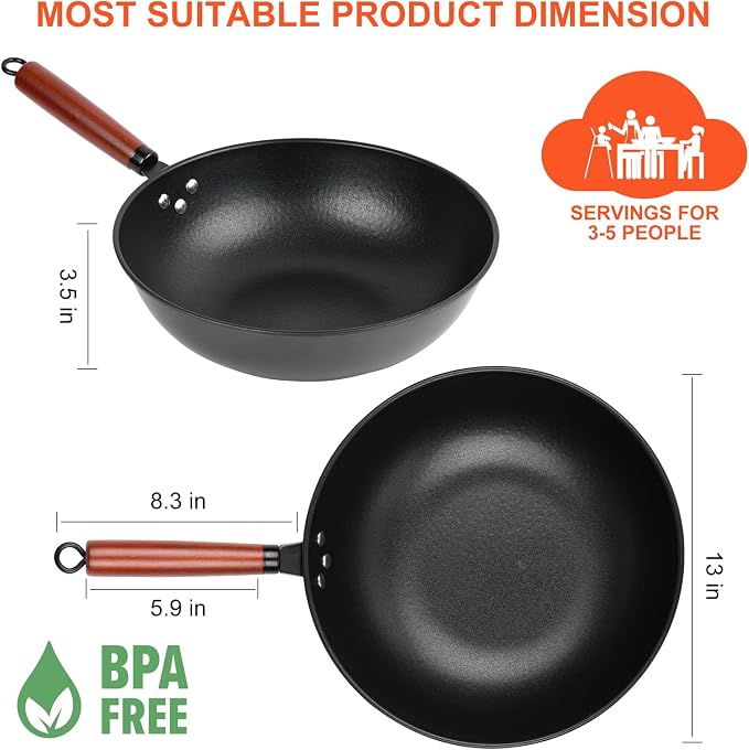 Wok, 13" Carbon Steel Woks & Stir-Fry Pans Nonstick with Glass Lid | Pre-Seasoned Flat Bottom Chinese Wok for Electric, Induction, Gas, All Stoves