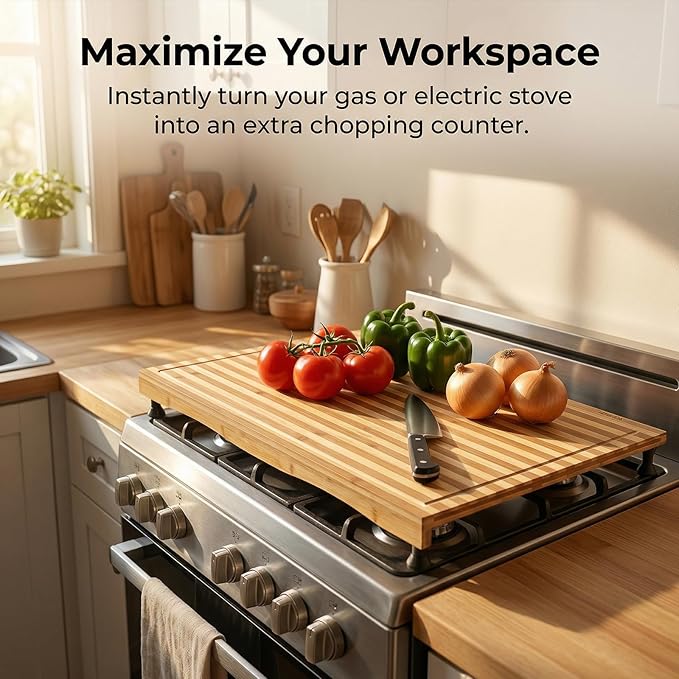 Bamboo Stovetop Cover & Countertop Cutting Board with Adjustable Legs, 29.5" x 21.2" Dual-Purpose Wood Chopping Block for Gas & Electric Burners, Extra Counter Space Saver for RV & Kitchen