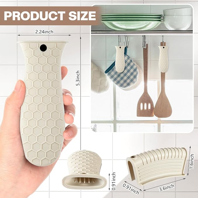 Patelai 8 Pcs Silicone Pot Holders Set Cast Iron Handle Cover Heat Resistant Pot Handle Covers Potholder Non Slip Reusable Pan Sleeve for Frying Pan Kitchen Supplies(Khaki)