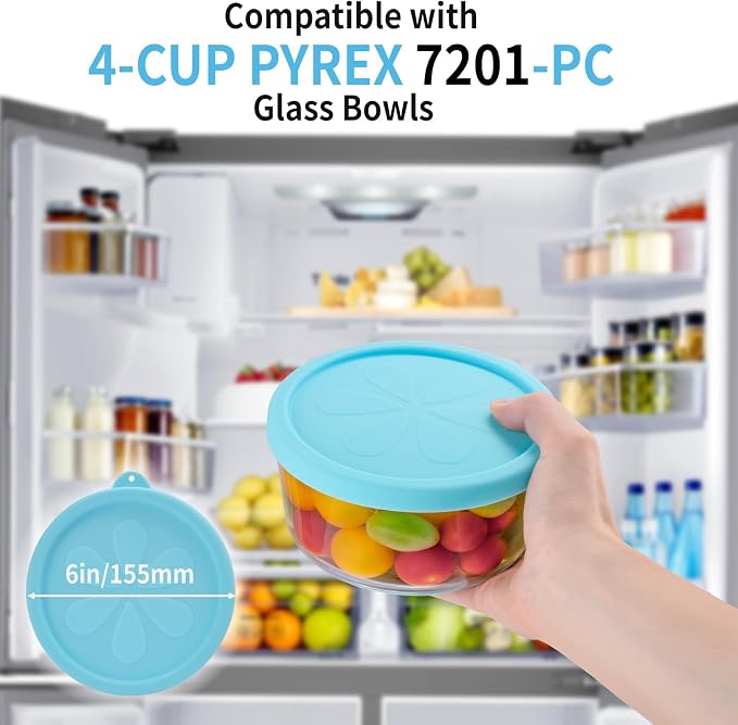 4 Cup Silicone Replacement Lids for Pyrex 7201-PC, 2 Pcs Round Seal Storage Cover Safe for Glass Bowls, for Microwave, Dishwasher and Freezer, Leak-proof Blue