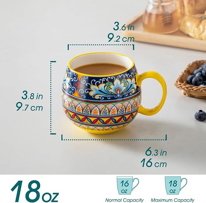 vancasso Coffee Mugs Set of 6, 18oz Ceramic Coffee Cups, Colorful | Porcelain Coffee Mugs for Cappuccino, Latte, Espresso, Bohemian Mugs with Handle for Daily Use, Microwave & Dishwasher Safe
