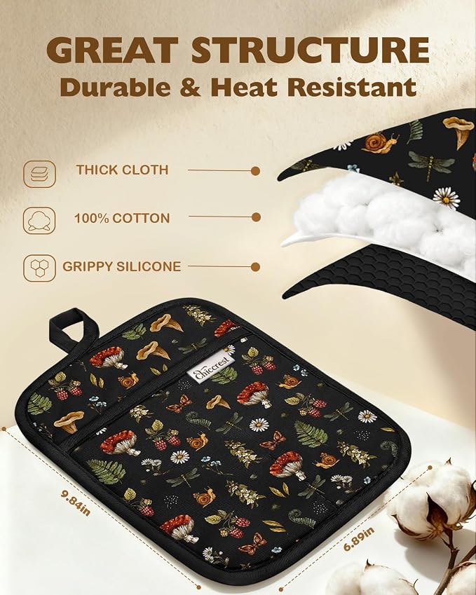 100% Cotton Pot Holders Textured Soft Silicone Mushroom | Stylish Pot Holders 2pcs, Machine Washable Non-Slip Heat Resistant Hot Pads & Oven Mitts 2-in-1, Practical Kitchen Decor