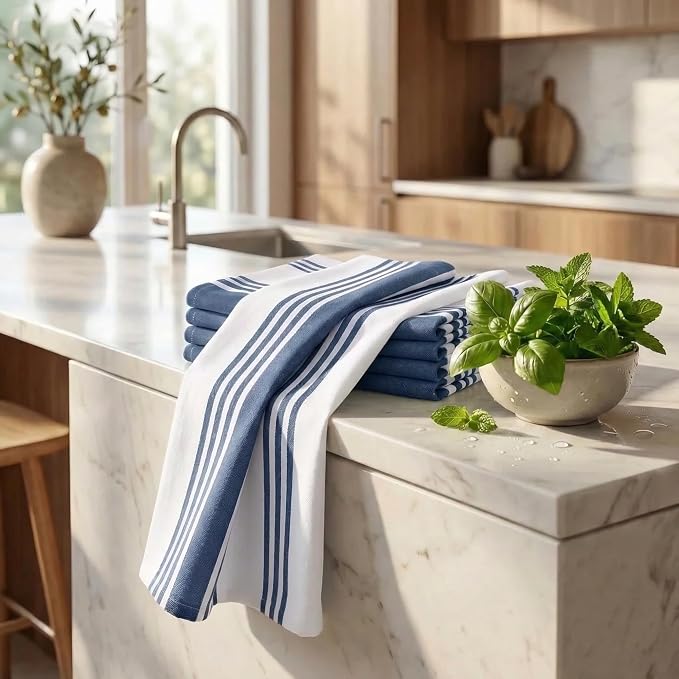 Urban Villa Kitchen Towels 100% Cotton Dish Towels for Kitchen (Set of 6) 20”x30” Dish Cloths Highly Absorbent Kitchen Linen Set with Hanging Loop Perfect for Drying Dishes Cleaning Towels-Blue White