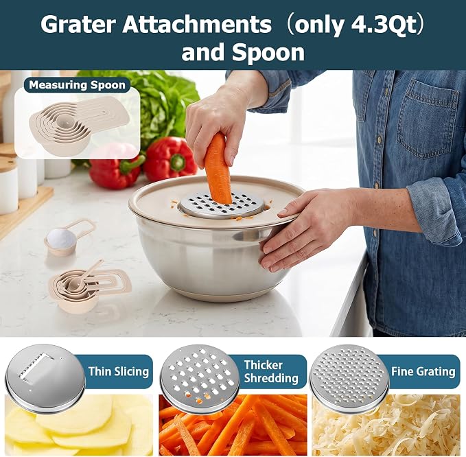 Stainless Steel Mixing Bowls with Lids, Non-Slip Silicone Base Set | 14-piece set with 6.3, 4.3, 3.6 and 2.9 QT bowls, colander, grater and measuring spoons, Stackable for storage