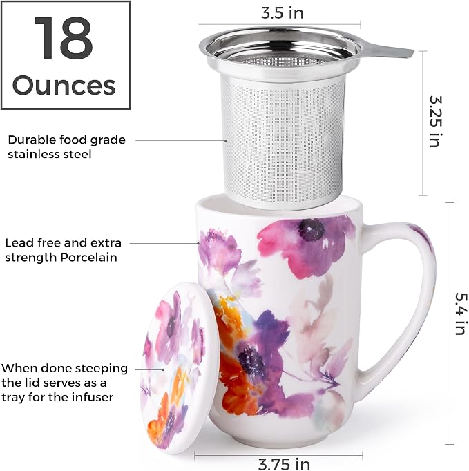 AmorArc Tea Cup With Infuser and Lid, 18oz Loose Leaf Tea Mug With Steeper | Porcelain Tea Mug With Infuser and Lid, Large Strainer Tea Cup with Lid for Tea, Coffee Mug for House-warming Birthday Gift