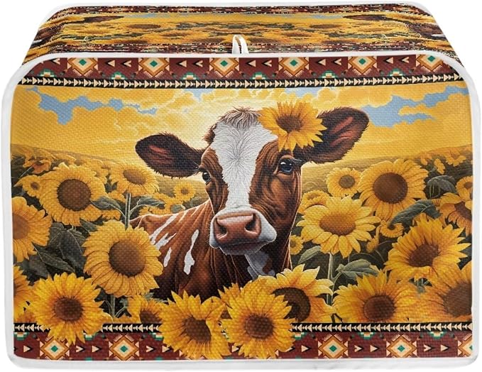 Sunflower Cow Print Toaster Cover for Home Office, Cute 4 Slice Wide Slot Toaster Appliance Cover, Dirtproof Bread Toaster Cover Bakeware Protector