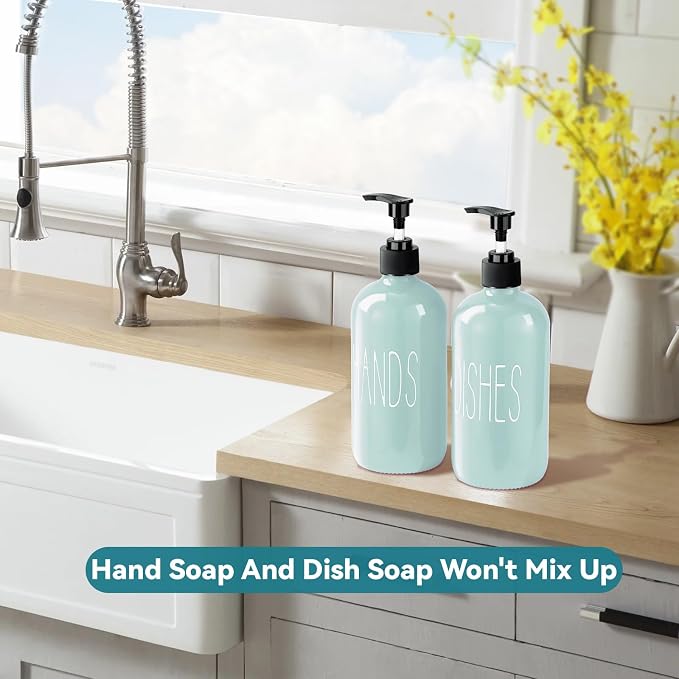COHOSEGE Glass Soap Dispenser Set 2 Pack,16 Oz Dish Soap Dispenser for Kitchen Sink,Green Kitchen Accessories and Kitchen Decor,Green Decorations and Kitchen Utensils for Kitchen