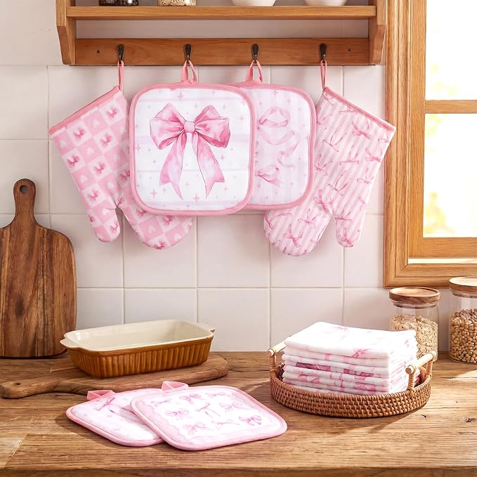 SiliFine 12 Pcs Pink Bow Kitchen Accessories Set Cute Bow Pot Holders Coquette Oven Mitts Pink Ribbon Kitchen Towels for Girly Home Decorations, Cooking Baking Housewarming Gifts