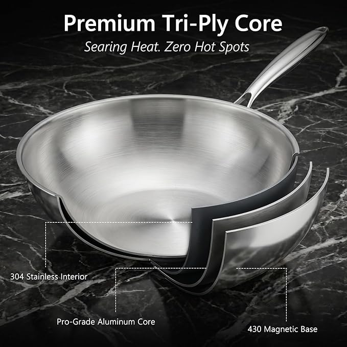 WANGYUANJI 4.2 QT Tri-Ply Stainless Steel Wok Pan with Lid, 12" Flat Bottom Stir Fry Skillet for Asian Cuisine, Premium 18/10 Induction Cookware for 3-4 Servings, Oven Safe