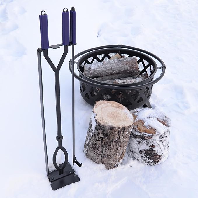 40in Heavy Duty Fire Pit Tools Set, Wrought Iron | Large Fireplace Tool Set with Metal Stand, Solid Steel Firewood Grabber for Campfire Backyard Bonfire Indoor Outdoor Use