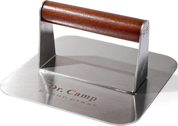 Dr.Camp 7 Inch Stainless Steel Burger Press with Real Wood Handle Heavy Duty Bacon Press Grill Press for Griddle Flat Top Smash Burger Press Hamburger Smasher Meat Press (Square)