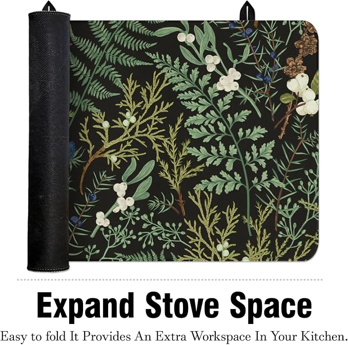 Boho Stove Top Cover for Electric Stoves,Botanical Fern Plant Floral Black Farmhouse Stove Top Cover for Kitchen Decor,Heat Resistant Cooktop Protector Mat,Non-Slip Washable Dish Drying Mat 28"x20"