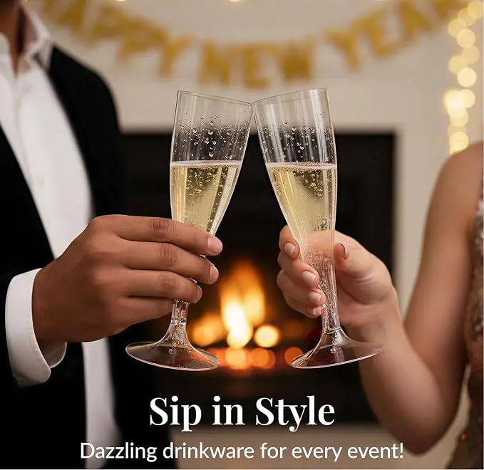 Prestee Set of 200 Plastic Champagne Flutes - Clear Champagne Glasses for Parties, Weddings, Events - 4.5 oz Disposable Drinkware - Elegant Stemware for Toasts Cocktails Mimosas