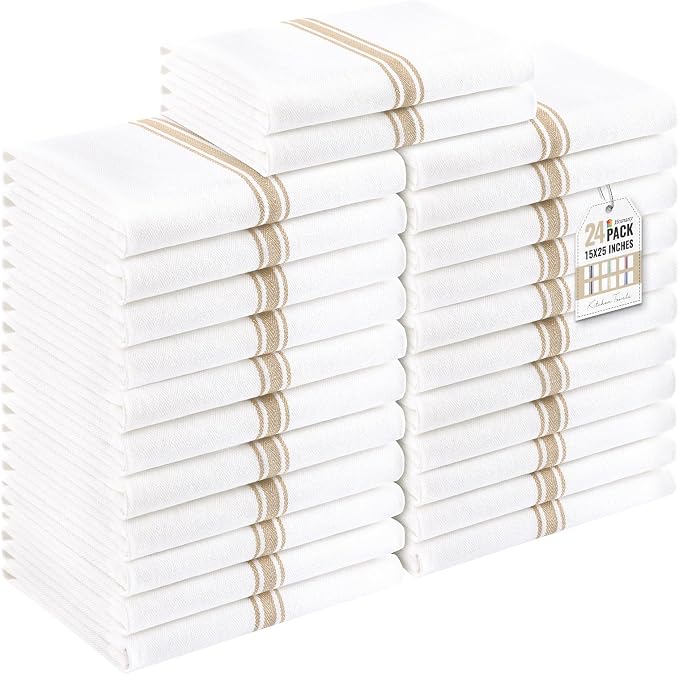 Homaxy 100% Ring Spun Cotton Kitchen Towels 24 Pack, Khaki Stripe | 15 x 25 Inch, Highly Absorbent Dish Towels for Kitchen Drying, Reusable Cleaning Cloths, Soft Tea Towels with Hanging Loop