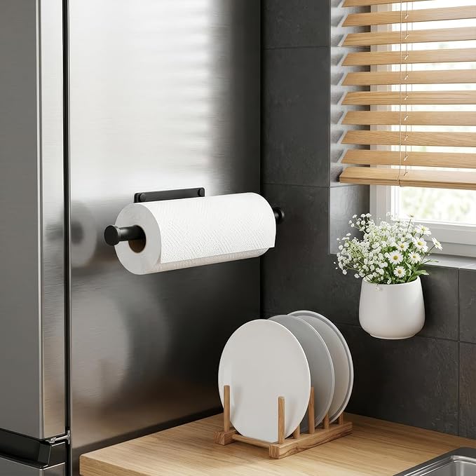 Paper Towel Holder Wall Mount - Self Adhesive No Drill or Drilling, SUS304 Stainless Steel - Kitchen, Bathroom, Sink, Pantry, Fridge(Black) | Maximize countertop space with secure roll storage. Fits kitchens, bathrooms, RVs and pantries with flexible m...