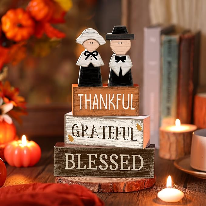 Lineshading 4 Pcs Wooden Fall Pilgrim Block Signs Tabletop Decor | Thanksgiving Home Decorations, Rustic Tiered Tray Accents, Thankful Grateful Blessed Text, Pilgrim Couple Figurines