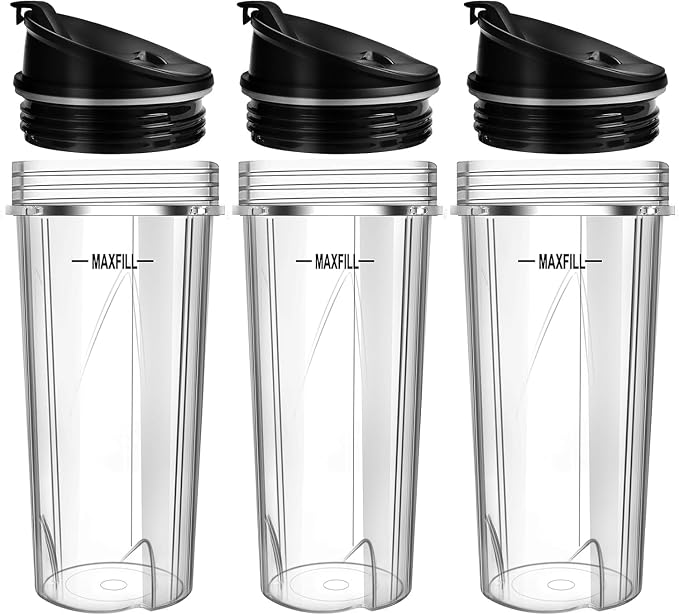16 oz Ninja Blender Cups Replacement, 3 Pack Cups with Lids, Compatible with QB3001SS, BL660, BL770, BL780, BL740, BL810, 4-Tab Nutri Ninja Blender Cups