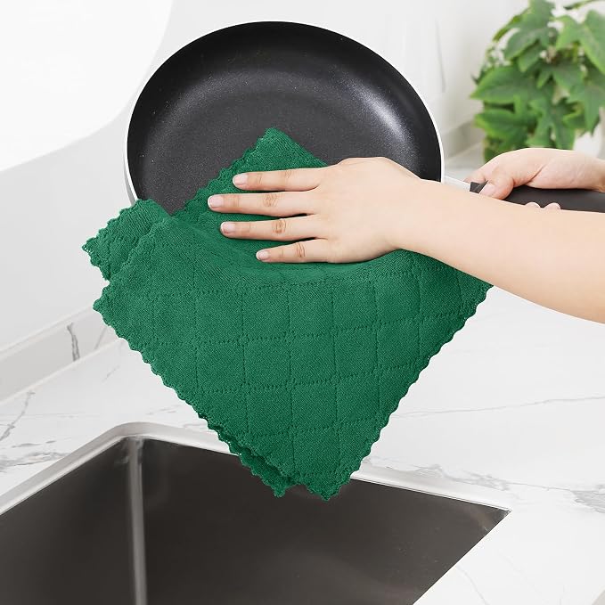 Homaxy 12 Pack Super Soft Absorbent Dish Towels, 10" x 20", Dark Green | Coral Velvet, Nonstick Oil Fast Drying Microfiber Cleaning Cloth, No Lint Dishcloths for washing and drying