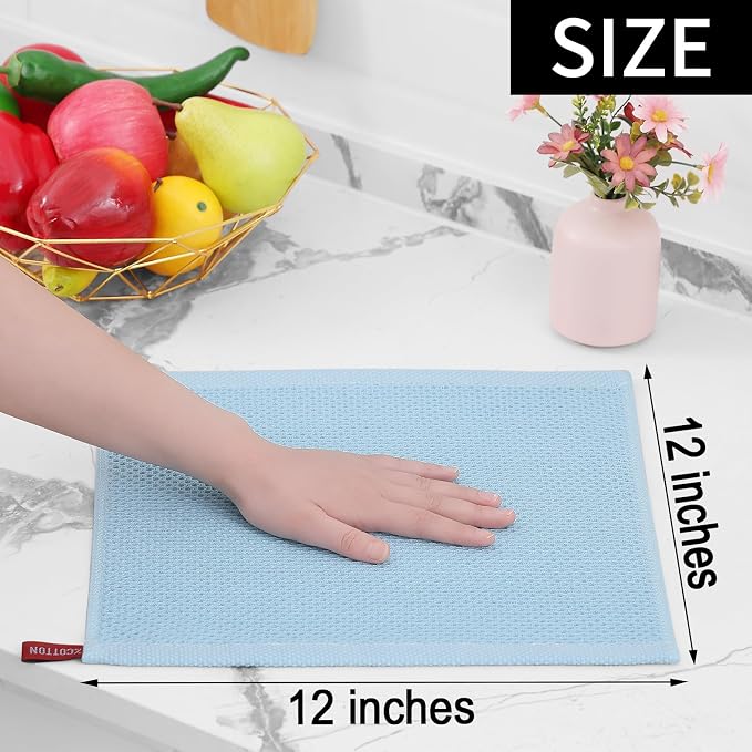 Homaxy 100% Cotton Waffle Weave Kitchen Dish Cloths 12-Pack, Sky Blue | 12 x 12 Inches, Ultra Soft Absorbent Dish Towels, Quick Drying Dish Rags with Hanging Loop