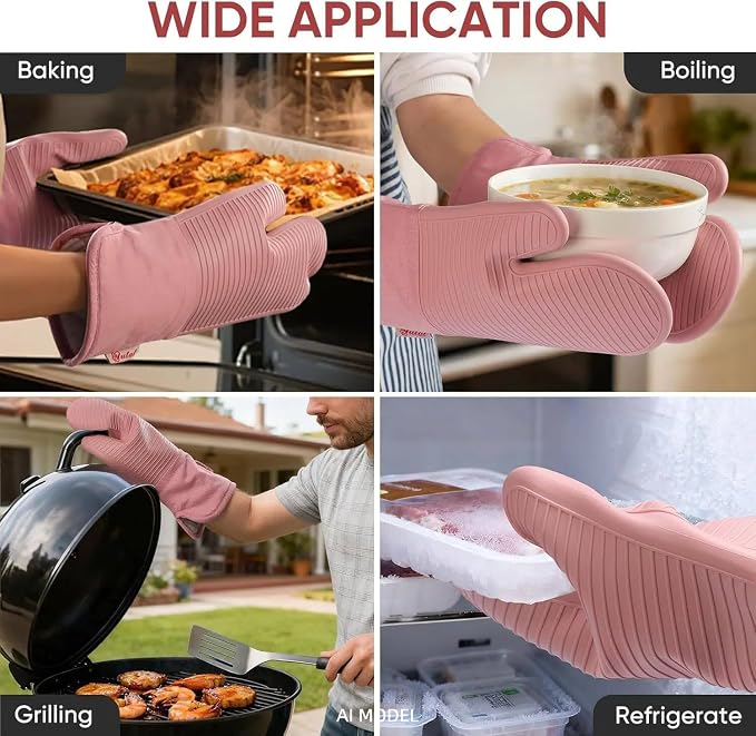 YUTAT Silicone Oven Mitts,High Heat Resistant Up to 500 Degrees,Waterproof Cooking Gloves with Soft Polyester Filling,Kitchen Potholder Set - Perfect for BBQ,Baking and Cooking,Pink,2 Pcs Set