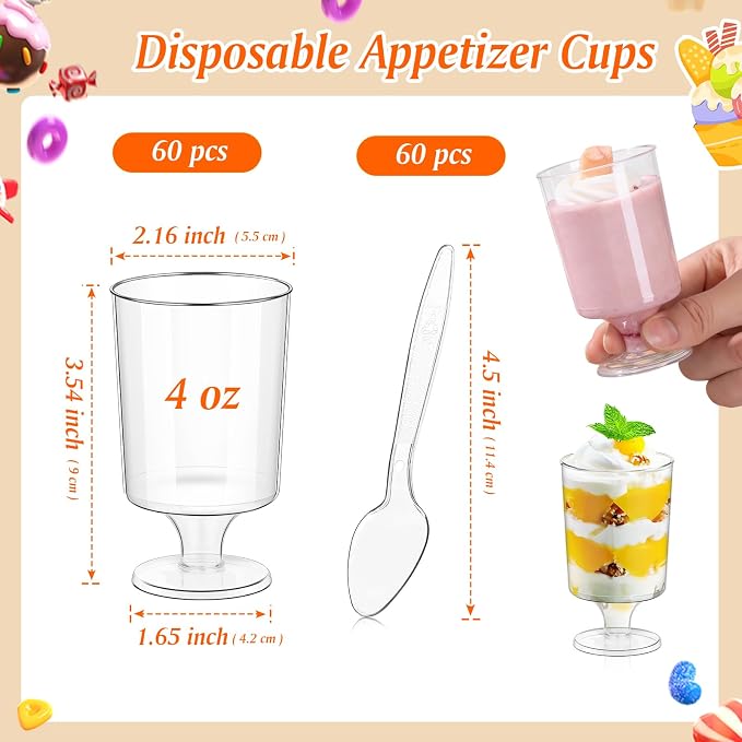 mwellewm 120 Pcs Dessert Cups with Spoons 60 Pcs 4 OZ Mini Clear Plastic Dessert Parfait Cup 60 Pc Spoons for Party Small Round Serving Goblet Wine Shot Disposable Mousse Pudding Appetizer Bowl