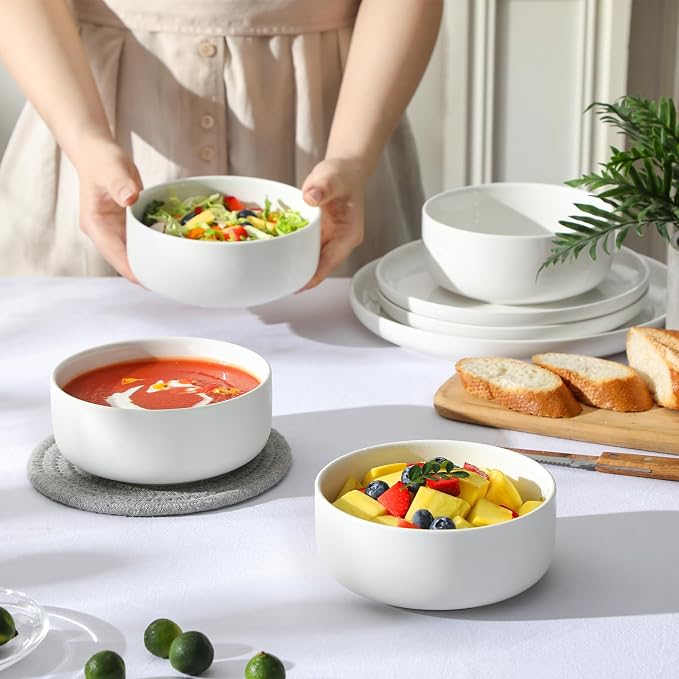 MALACASA 24 OZ Ceramic Bowls Set of 4, White Bowls for Soup Oatmeal | Breakfast Bowls for Kitchen Daily Use, Yogurt, Cereal, Soup, Dessert, Dishwasher Microwave Oven Safe, Series LUNA