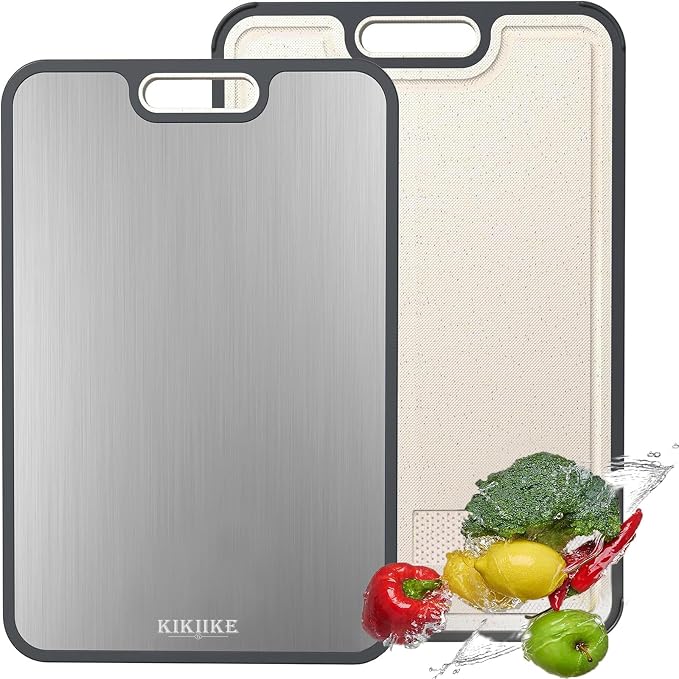 Titanium Cutting Board Double Sided Pure Titanium Cutting Boards for Kitchen, Pure titanium & Wheat Straw PP Food Grade metal cutting board, Non-slip durable and easy to clean (Large)