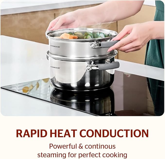 SUNHOUSE 3-Quart Stainless Steel Steamer Pot for Cooking | Steaming Pot with Glass Lid & Steamer Basket - 2 Tier Tri-ply Stovetop Steamer For Vegetable, Veggie - Induction Compatible