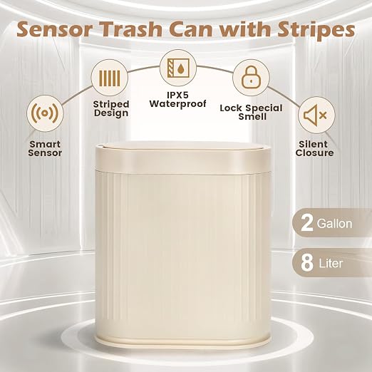 SYNCVIBE Bathroom Trash Can with Lid, 2 Gallon, Automatic Lid, Beige | Motion Sensor Garbage Can, 7.5 Liter Smart Trash Bin, IPX5 Waterproof Narrow Plastic Wastebasket for Bedroom and Office