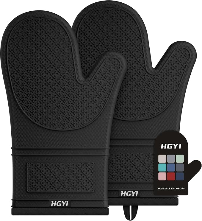 Silicone Oven Mitts, Heat Resistant Oven Gloves with Quilted Liner, Waterproof & Non-Slip Kitchen Mittens for Baking Cooking BBQ, 500°F, 12.5"-Black