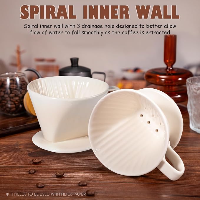 Pour Over Coffee Dripper, Ceramic Pour Over Coffee Maker, White | 3 Holes Flat Bottom, Easy Manual Brew Maker, Porcelain Slow Filter Cone for Travel, Camping, Office, Home