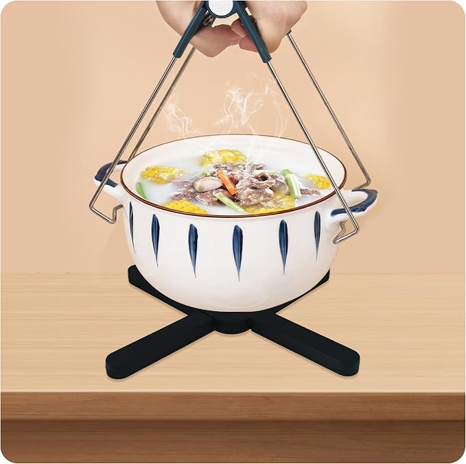 3PCS Foldable Silicone Trivet Set, Expandable Hot Pads for Kitchen, Heat Resistant Pot Holders, Non-Slip Table Protector Mat for Hot Dishes, Pots(Black)