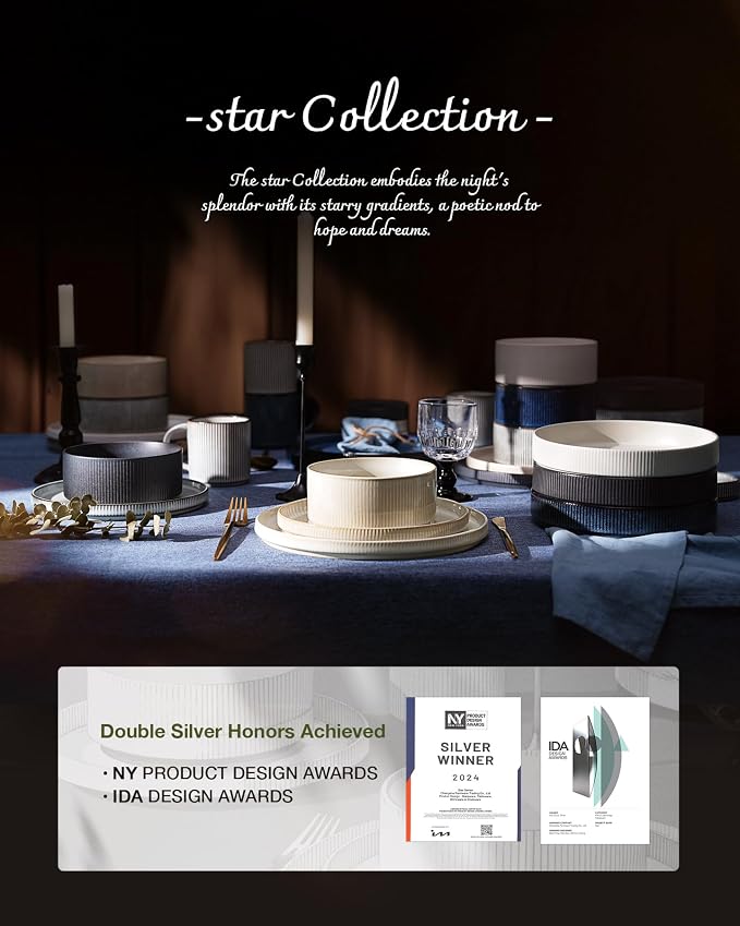 Famiware Star Stoneware Dinnerware Set, Reactive Glaze Plates & Bowls for 4 | 12-Piece Handmade Ribbed Dishes, Chip & Scratch Resistant Ceramic. Microwave & Dishwasher Safe, Rustic Modern, Nebulas Blue