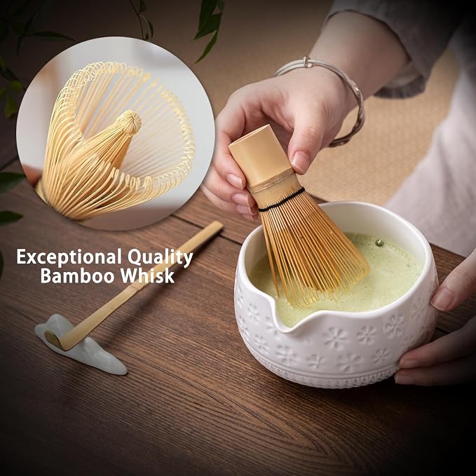Buucup Matcha Whisk Set, Ceramic Kit with Bowl & Bamboo Accessories | 7-piece set includes ceramic bowl, bamboo whisk, scoop, holder, rest, sifter and tea towel. Great for beginners and gifts.