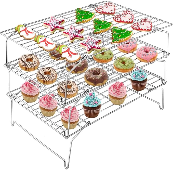 TeamFar Cooling Rack, 3 Tier 15" x 10" Stainless Steel Baking Roasting Rack | for Cookies Cake Pies Bread, Collapsible & Foldable, Healthy & Non Toxic, Oven & Dishwasher Safe