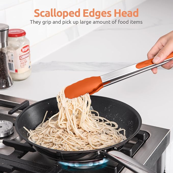 U-Taste Kitchen Tongs for Cooking, 600ºF Heat-Resistant Tps, 2Pcs/Orange | Silicone Tong Set 9/12in, Salad/Grill/BBQ Plastic Tong for Food Serving, Rubber Tipped Tong with 18/8 Stainless Steel Handle
