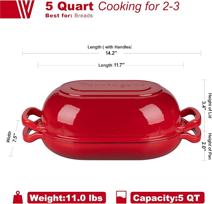 VORRINGARD Enameled Cast Iron Sourdough Bread Oven, Dutch Oven, Loaf Cast Iron Bread Pan for Homemade Bread Baking, Meatloaf Pan with Lid, 5QT, Red